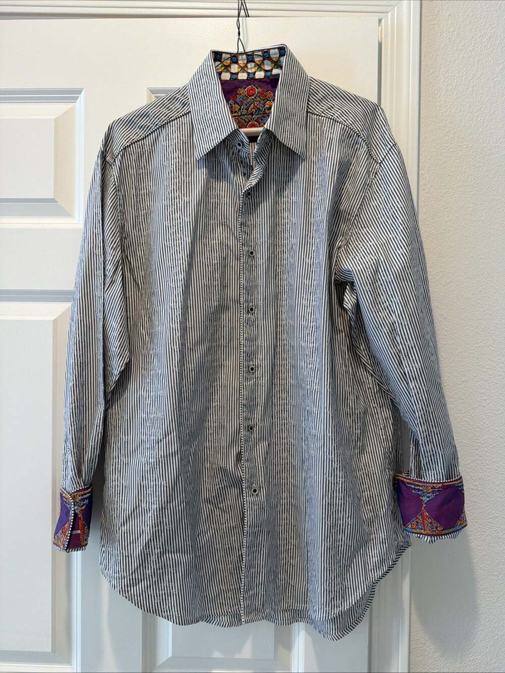 Robert Graham Mens L Stripe Button Down Shirt Embroidered Flower Flip Cuffs LS